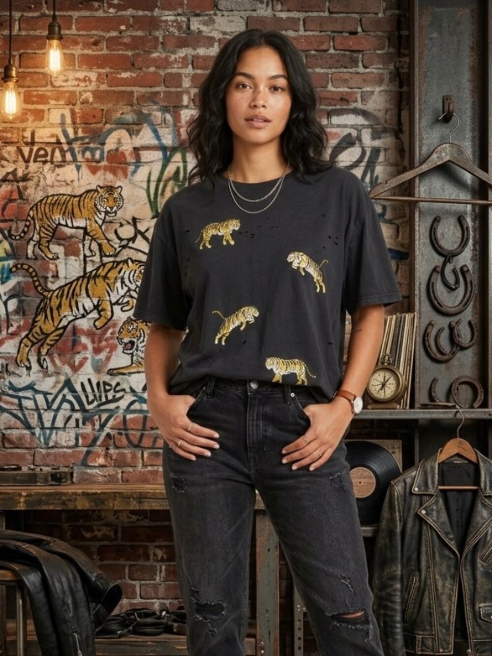 Zutter Distressed Tiger Graphic Cotton T-Shirt Washed Black S/M Oversized